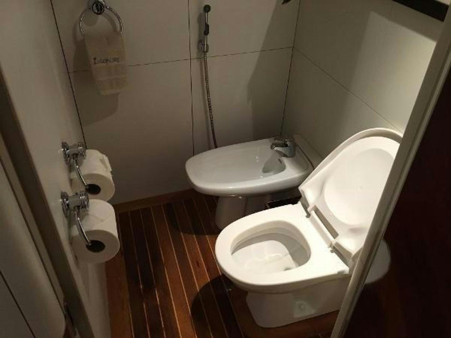 a bathroom with a toilet and a sink aboard ARTHUR'S WAY Yacht for Sale