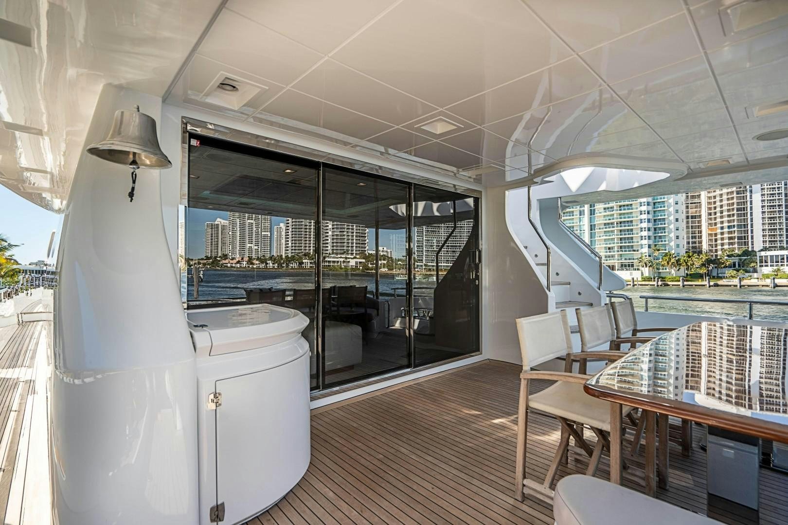 a room with a table chairs and a large window aboard Blue Yacht for Sale