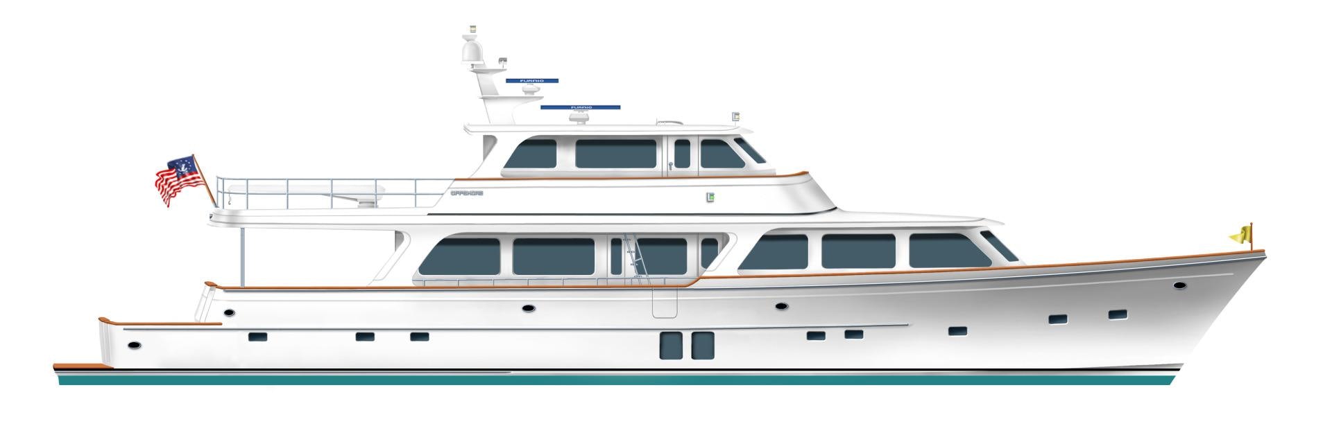 a white boat with a flag on it aboard No Name Yacht for Sale