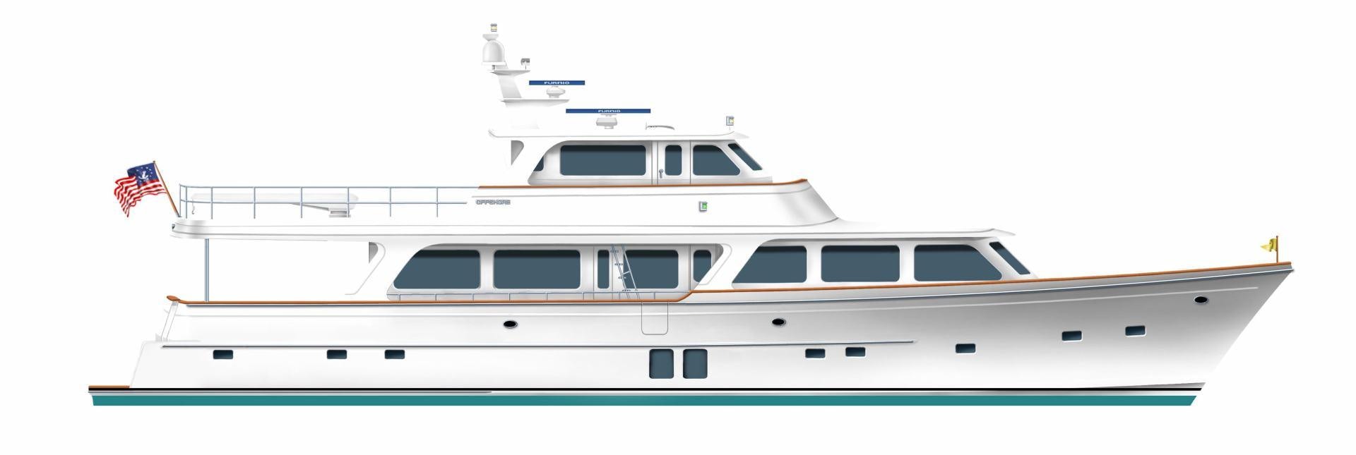 a white boat with a flag on it aboard No Name Yacht for Sale