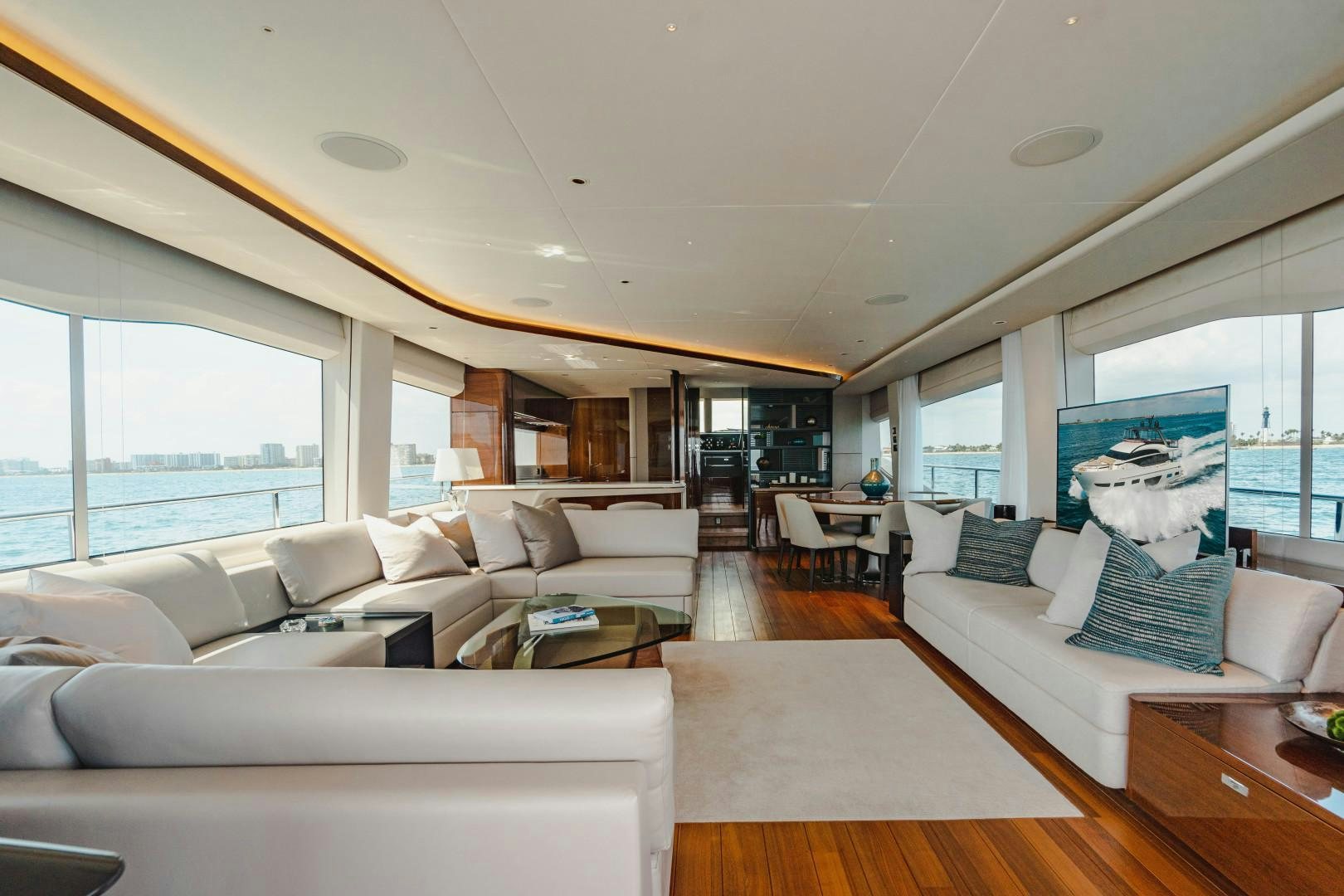a living room with a large window aboard KAOS Yacht for Sale