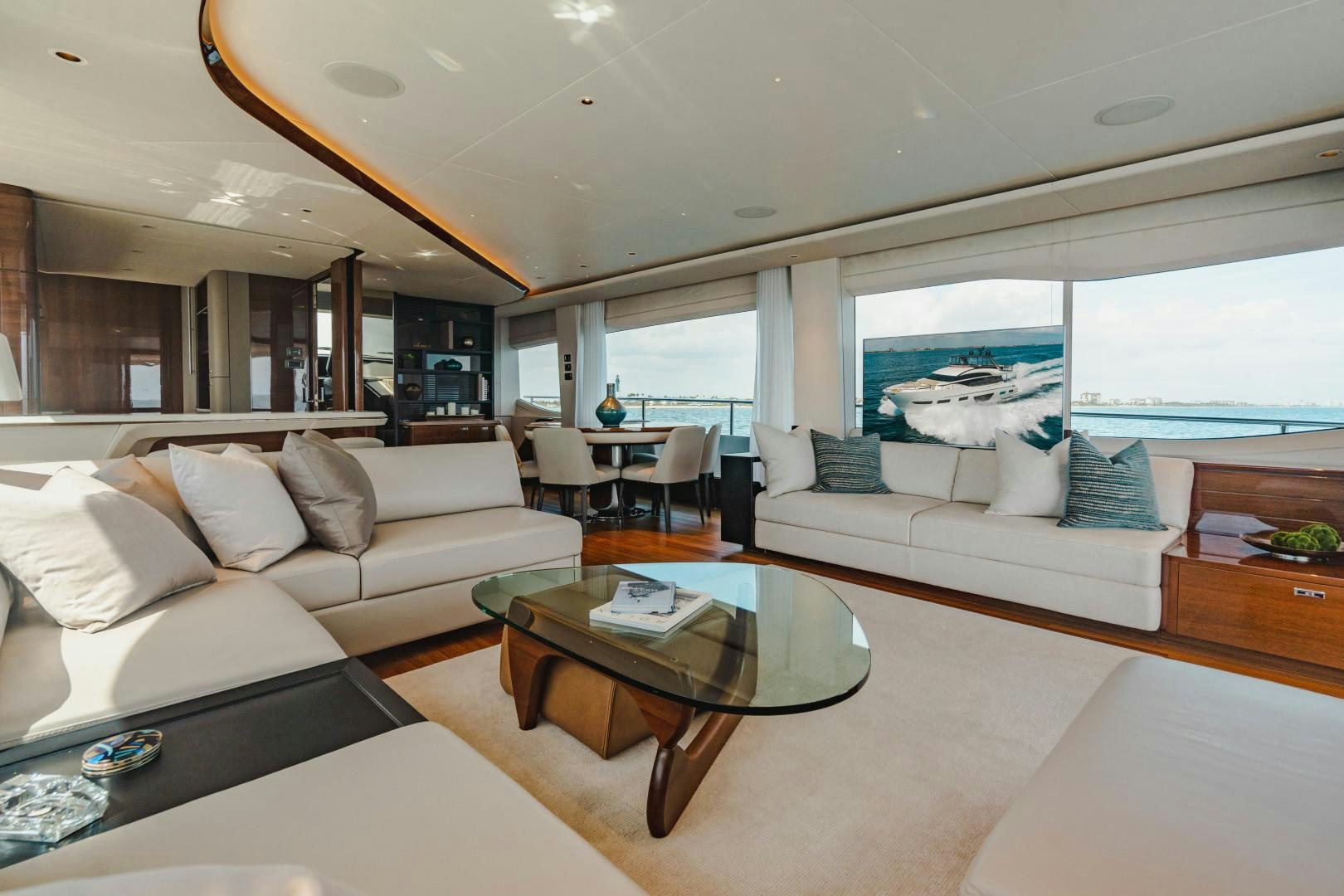 a living room with a large window aboard KAOS Yacht for Sale