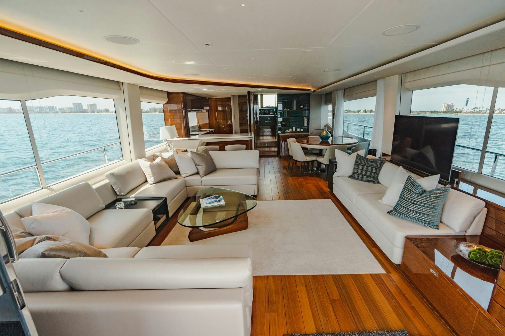 a living room with a large window aboard KAOS Yacht for Sale