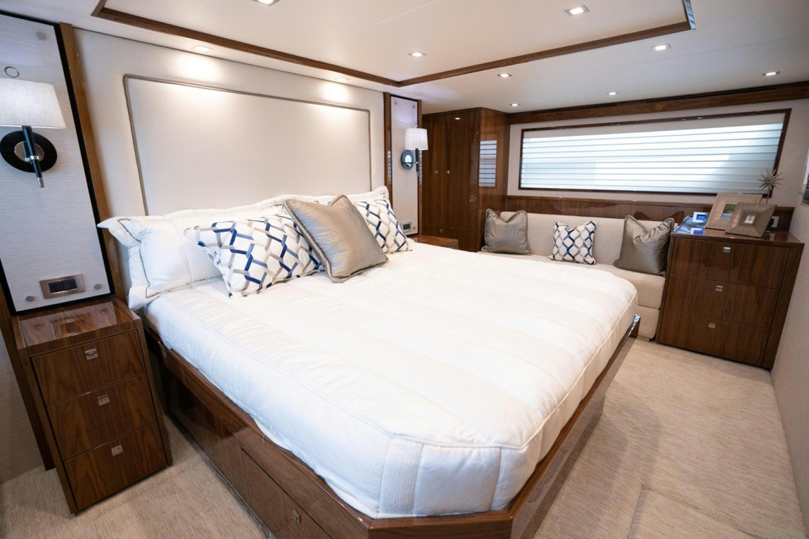 a large bed in a hotel room aboard MAKE  HAPPEN Yacht for Sale