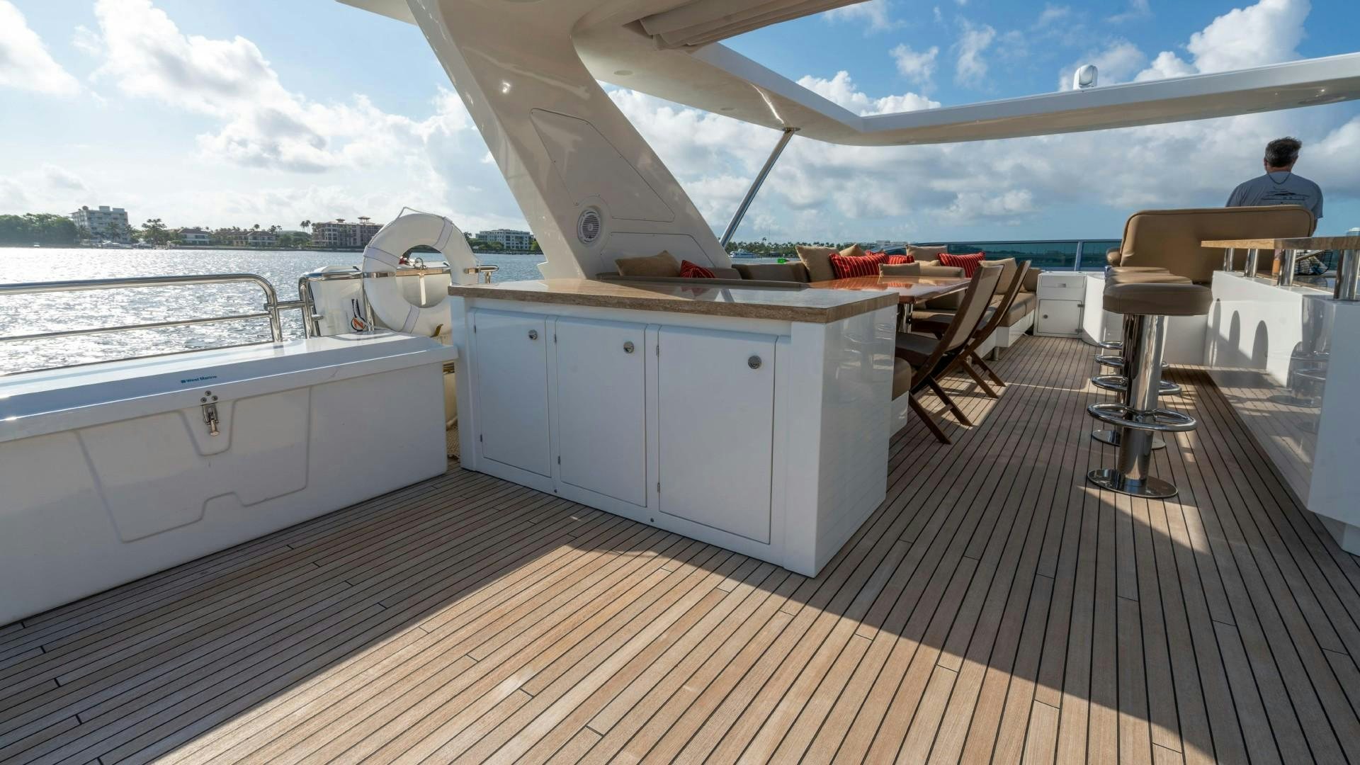 a white kitchen with a wood floor aboard PHOENIX Yacht for Sale