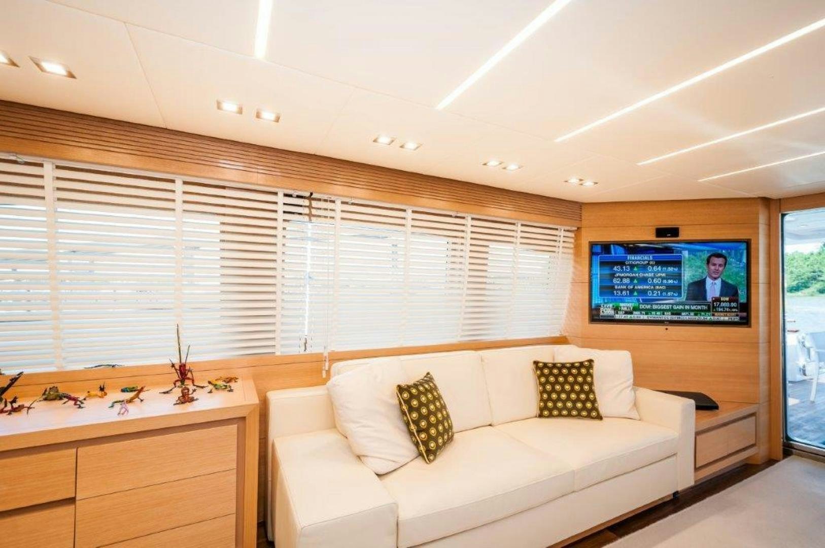 a living room with a large screen aboard NEVER REST Yacht for Sale