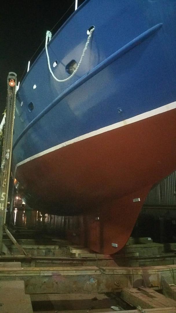 a large red and blue train aboard LAURA MARIE Yacht for Sale