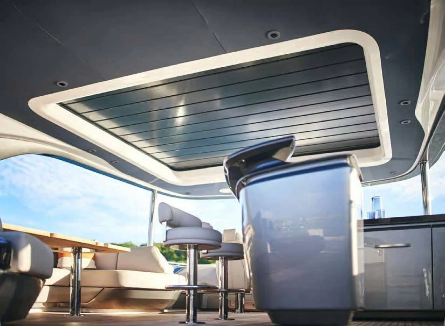 a blue suitcase on a train aboard Y85 Yacht for Sale