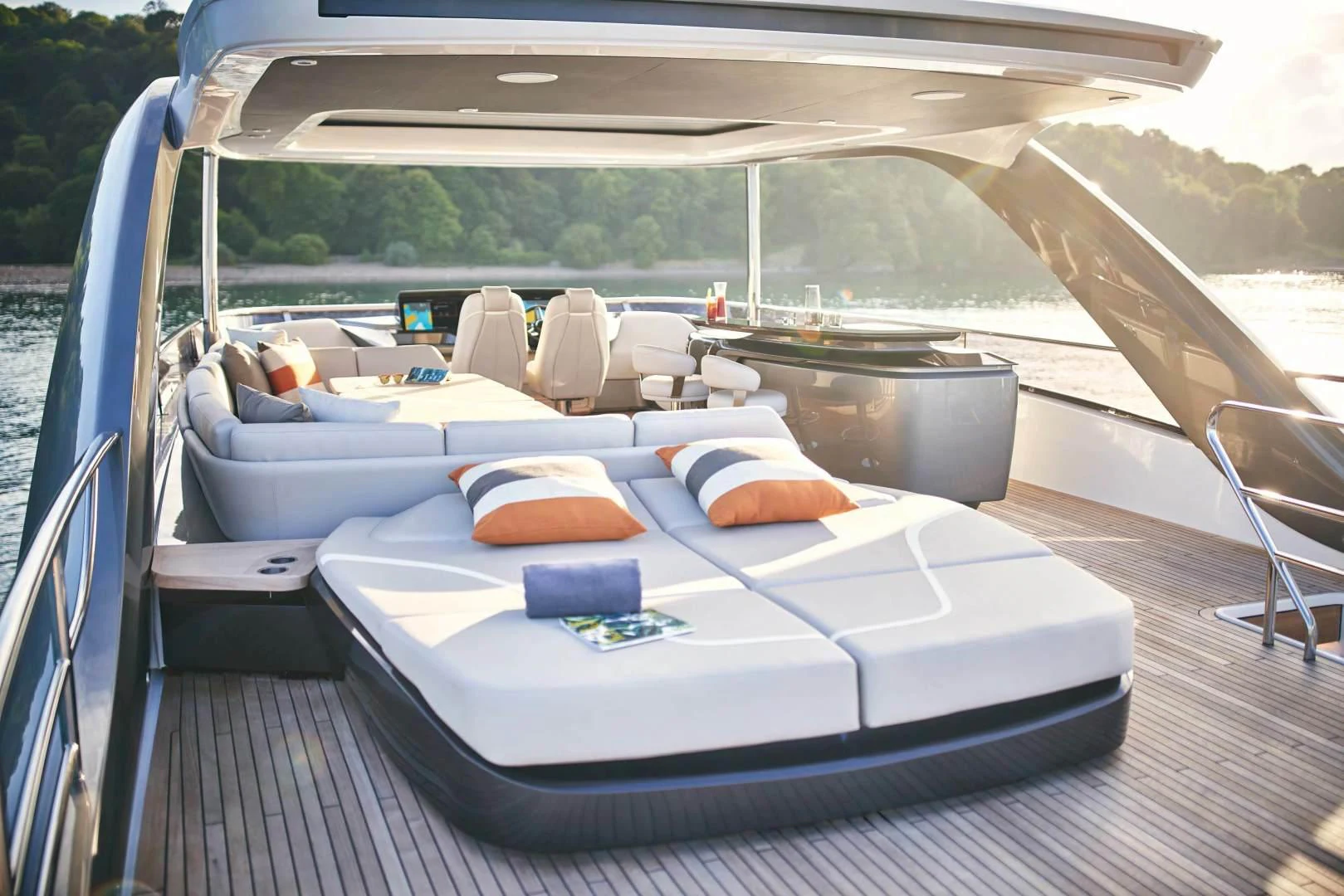 a large white boat with a large deck and a pool aboard Y85 Yacht for Sale