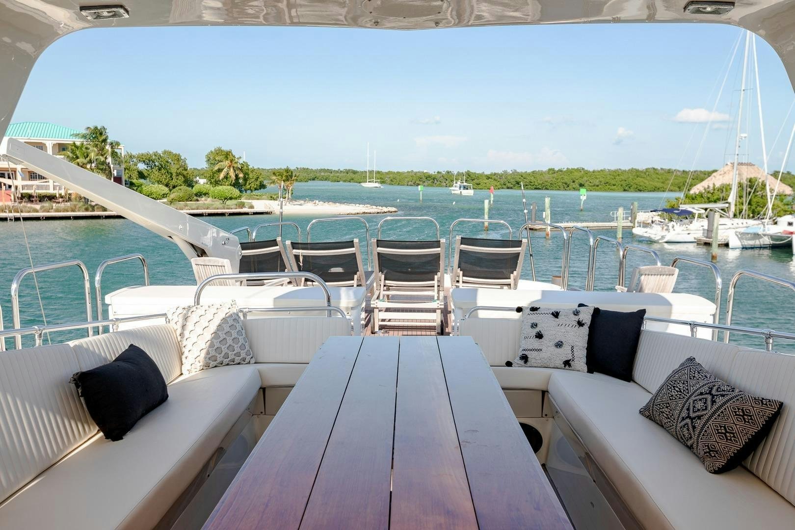 a deck with chairs and a pool aboard CATCHIN FEELINGS Yacht for Sale