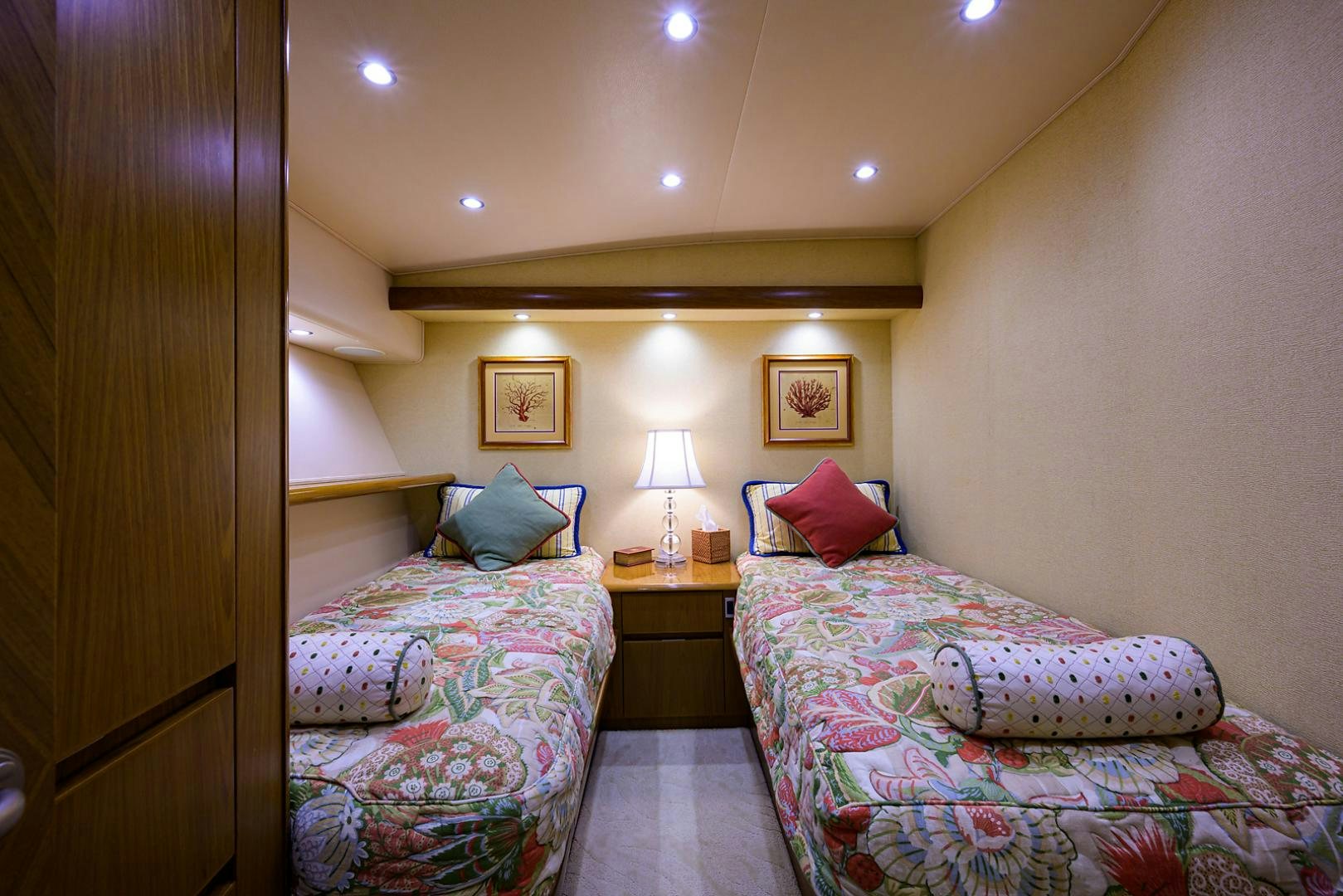 a couple of beds in a hotel room aboard RITE ANGLER Yacht for Sale