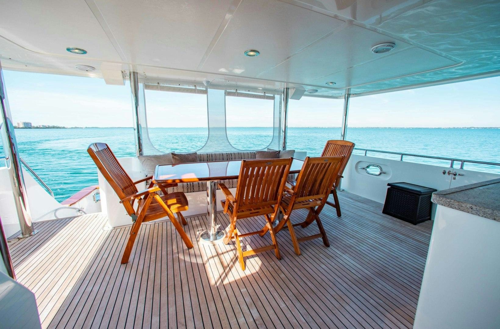 a deck with a view of the ocean and the deck aboard BARBARA SUE II Yacht for Sale