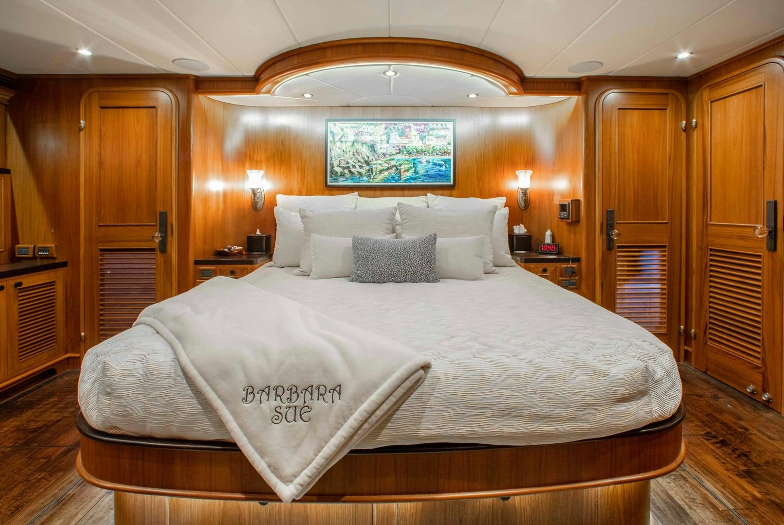a bed in a room aboard BARBARA SUE II Yacht for Sale