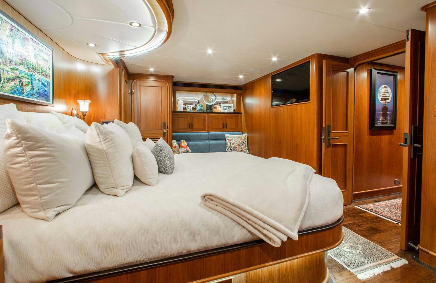 a large bed in a room aboard BARBARA SUE II Yacht for Sale