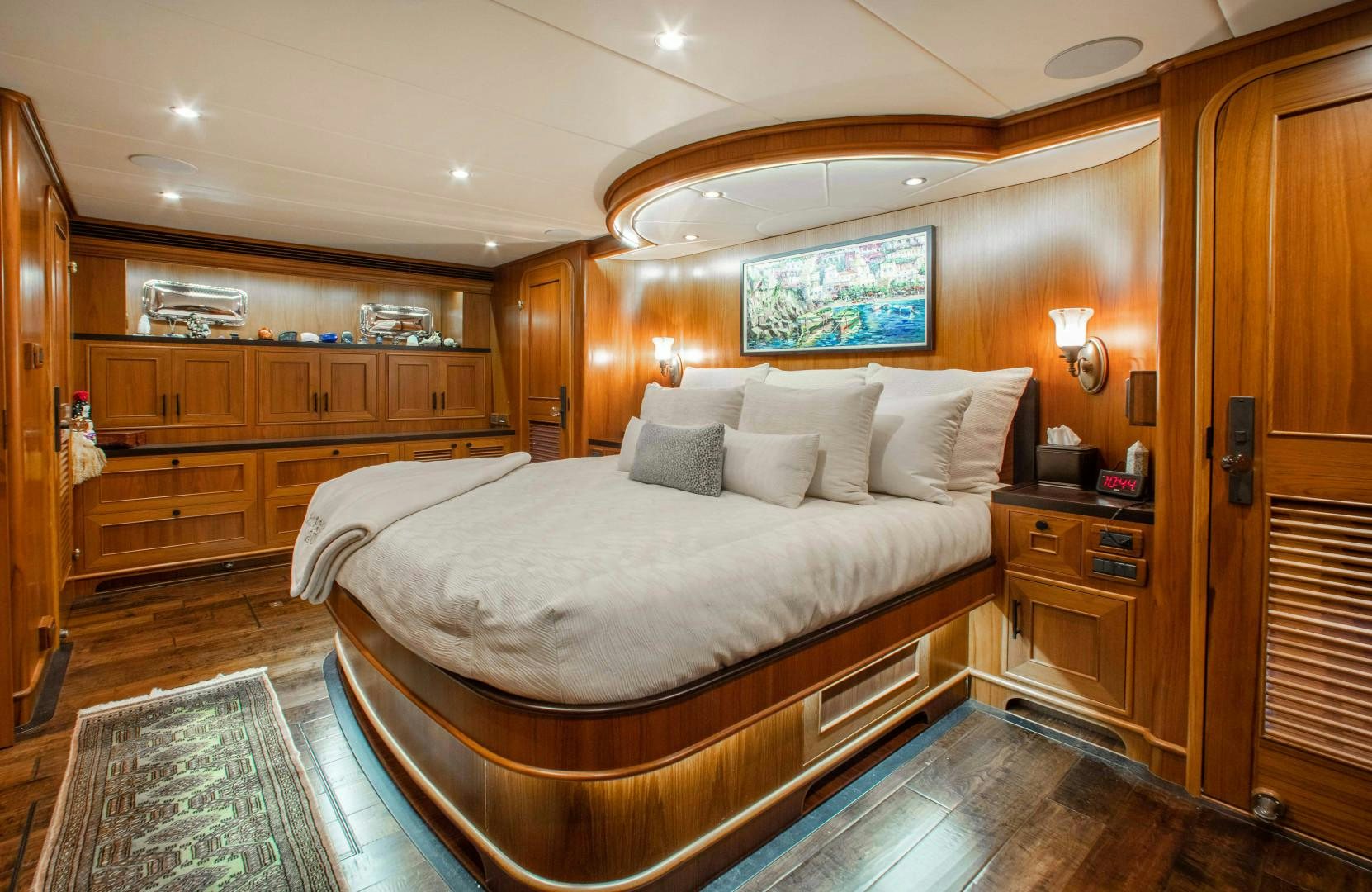 a large bedroom with a large bed aboard BARBARA SUE II Yacht for Sale