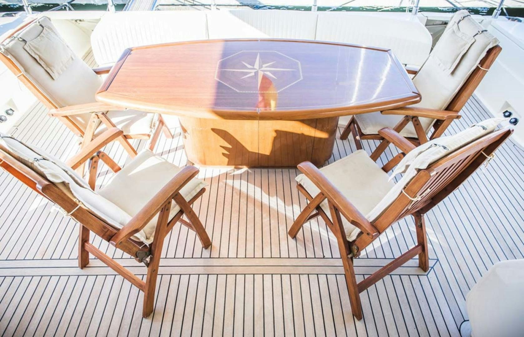 a table and chairs on a deck aboard HEMERA CUARTA Yacht for Sale