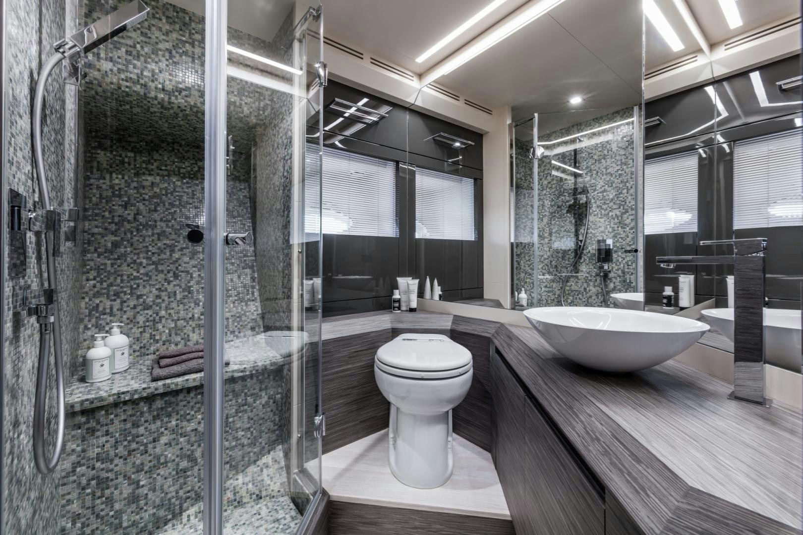 a bathroom with a glass shower aboard NO NAME Yacht for Sale