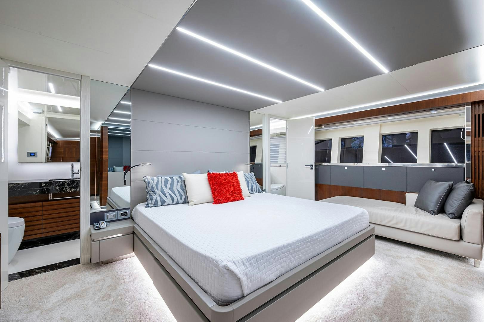 a bed in a room aboard No Name Yacht for Sale