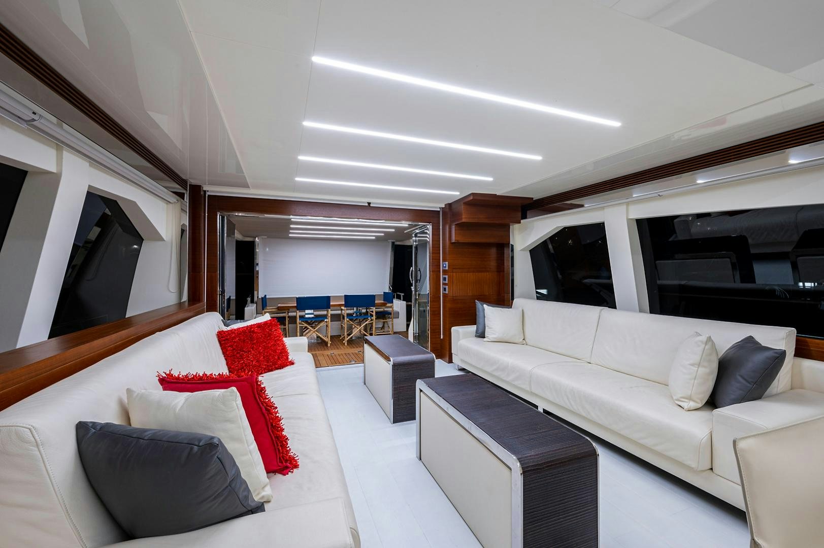 a modern looking living room aboard No Name Yacht for Sale