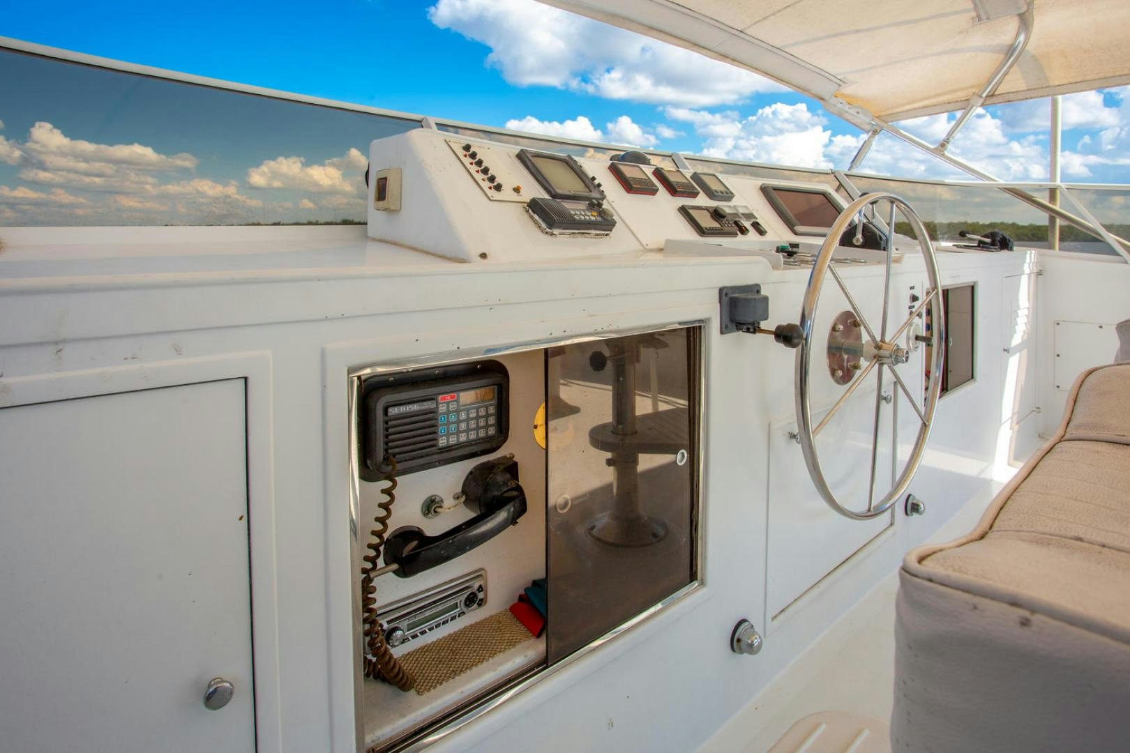 the inside of a space ship aboard HIGH MILEAGE Yacht for Sale