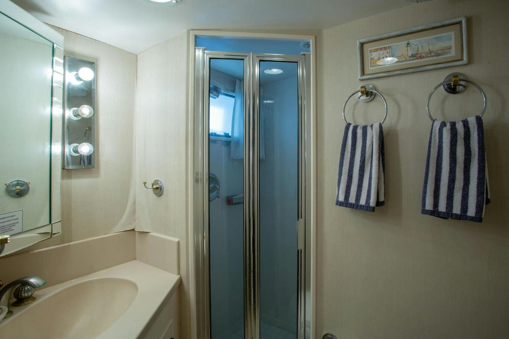a bathroom with a shower and sink aboard HIGH MILEAGE Yacht for Sale