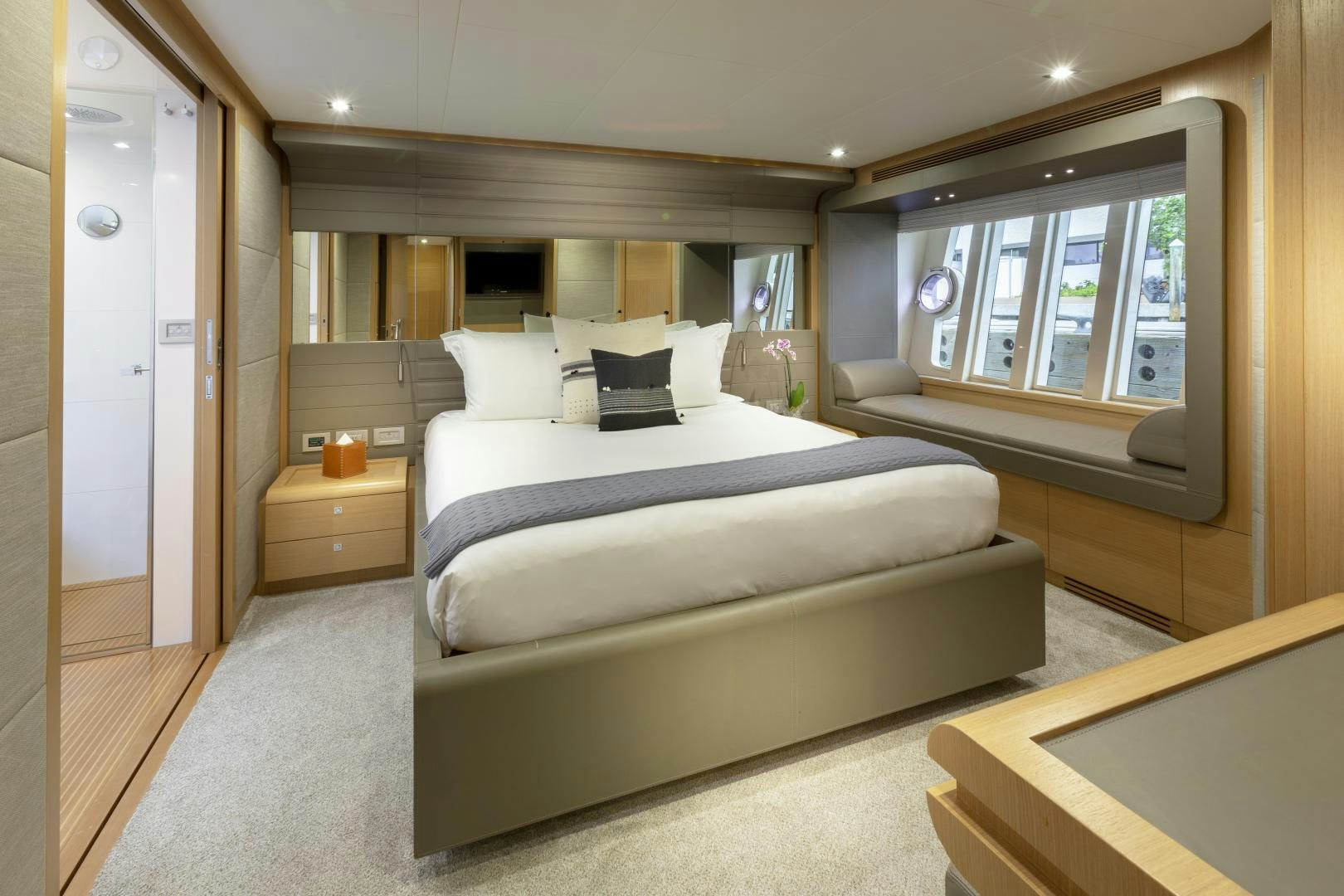 a bed in a room aboard LA PACE Yacht for Sale
