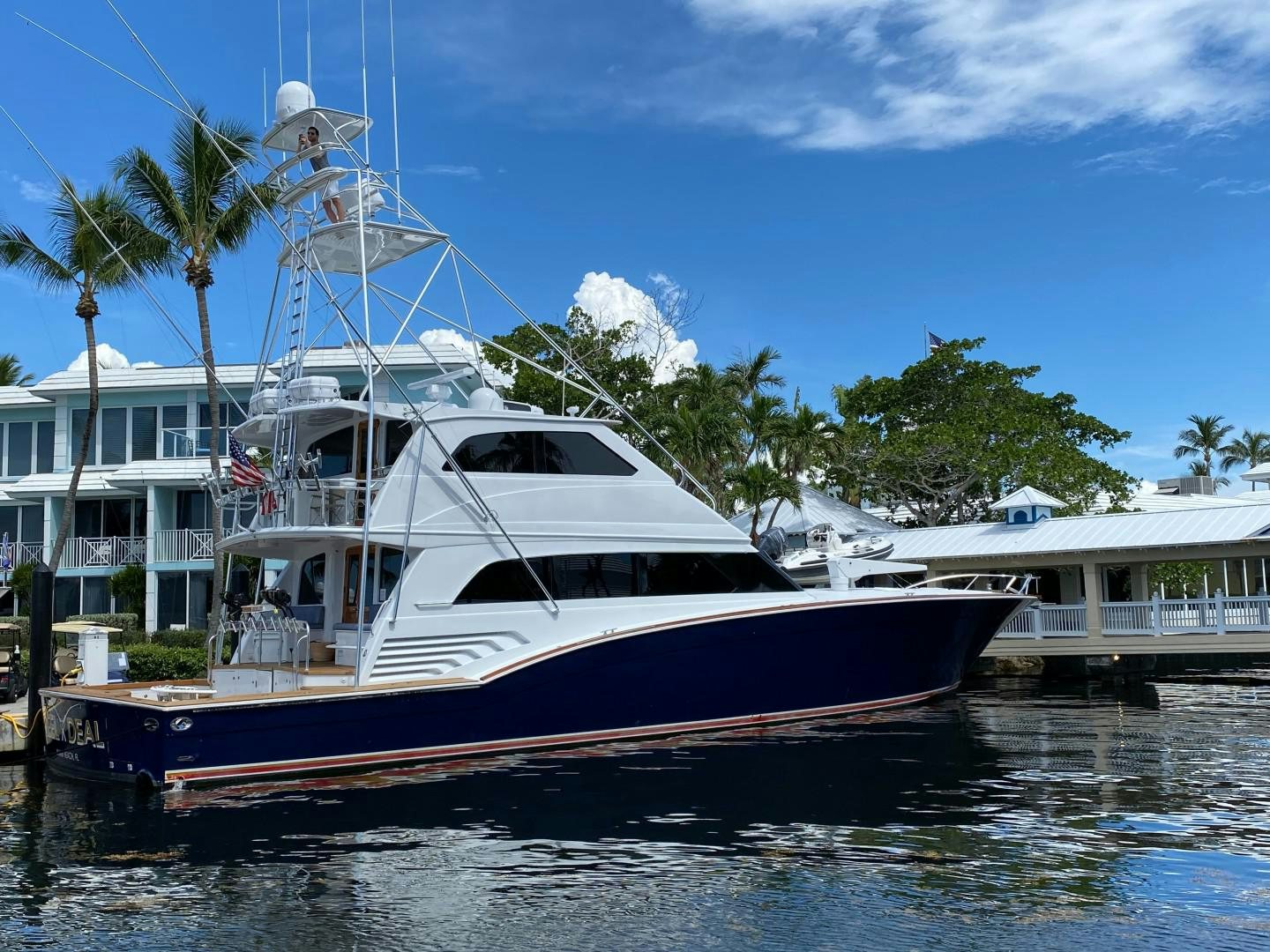 a boat docked at a pier aboard REEL DEAL Yacht for Sale