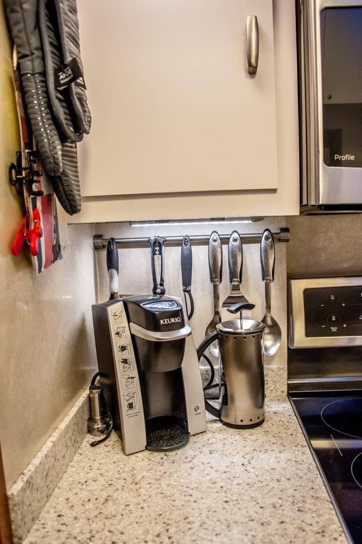 a coffee maker on a counter aboard OCEAN ROMANCE Yacht for Sale