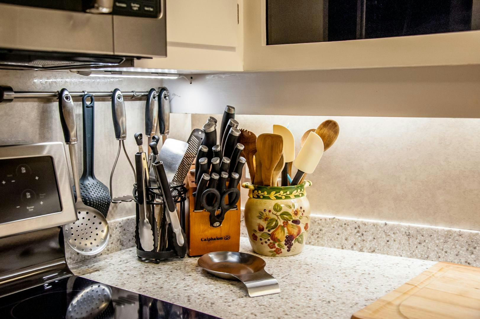 a kitchen counter with utensils aboard OCEAN ROMANCE Yacht for Sale