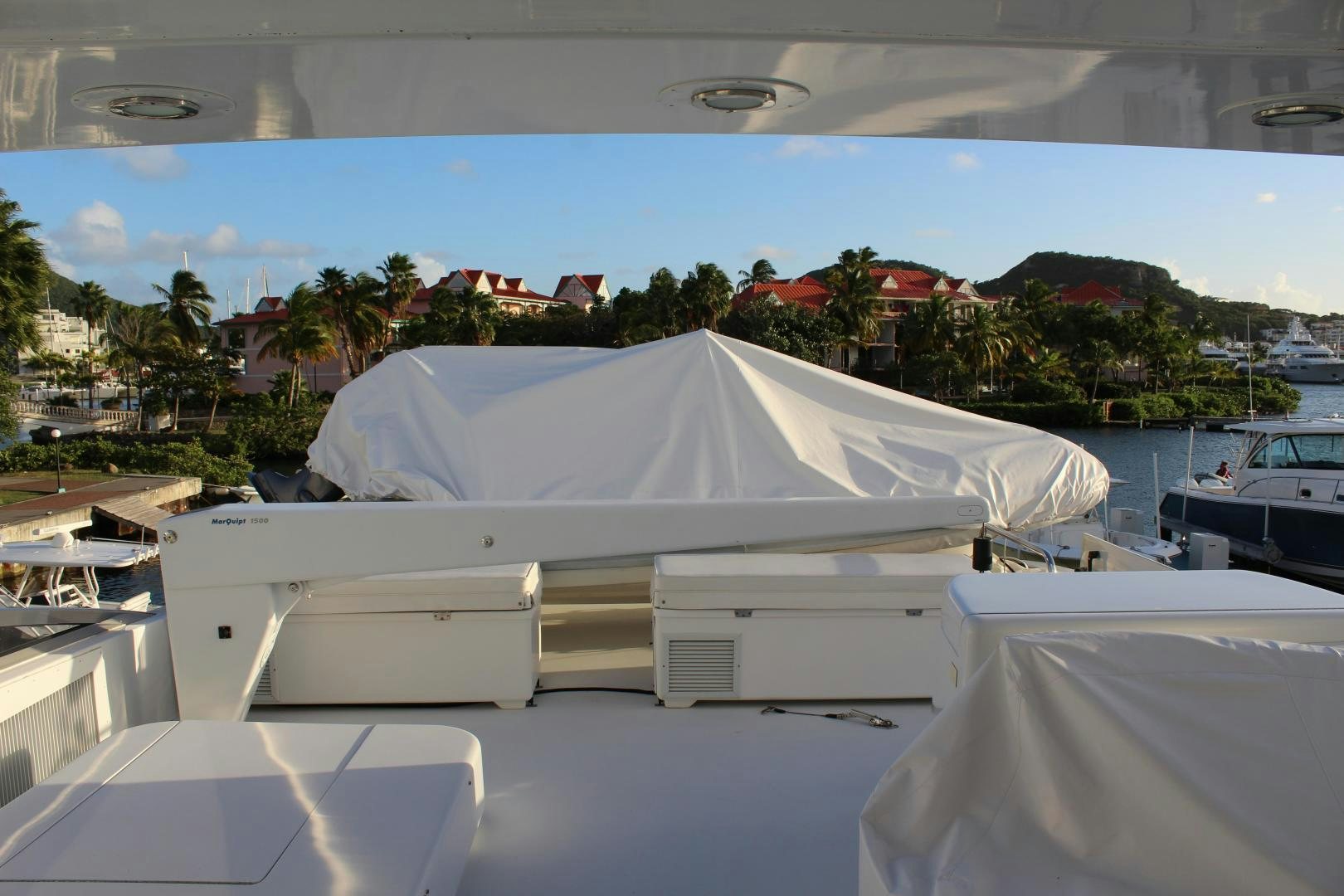 a group of white tents on a boat aboard No Name Yacht for Sale
