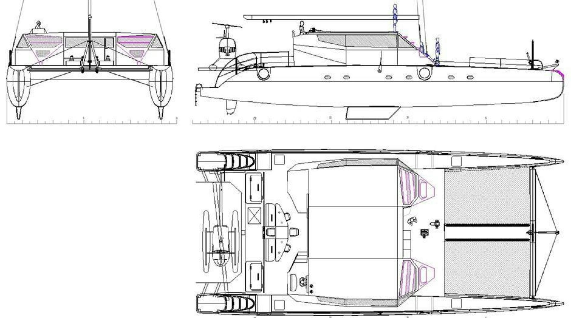 diagram, engineering drawing aboard HELICAT RED Yacht for Sale