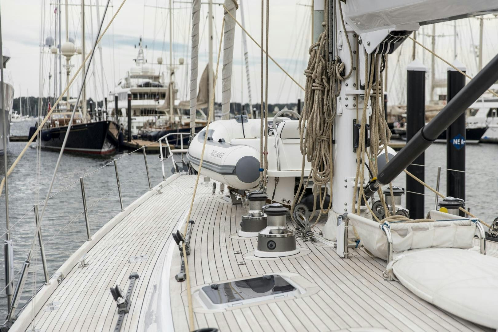 a boat docked at a pier aboard aglaia Yacht for Sale