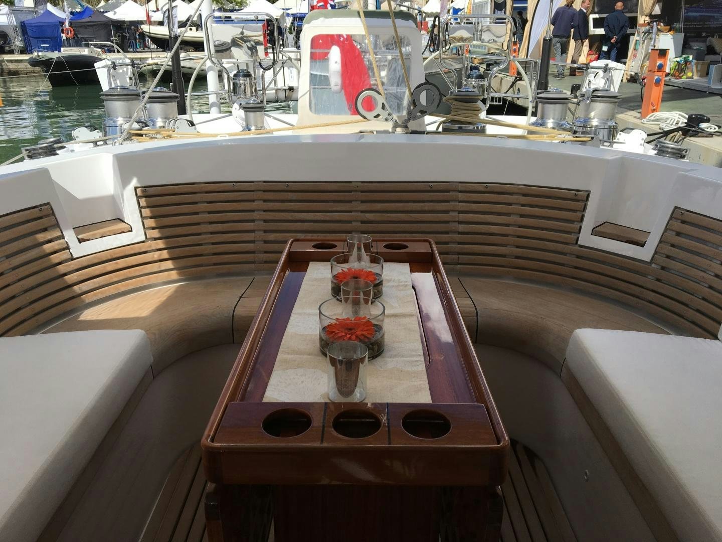a table with a tray of food on it aboard aglaia Yacht for Sale