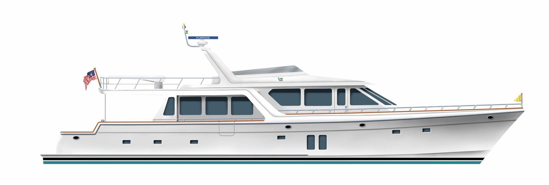 a white boat with a flag on it aboard No Name Yacht for Sale