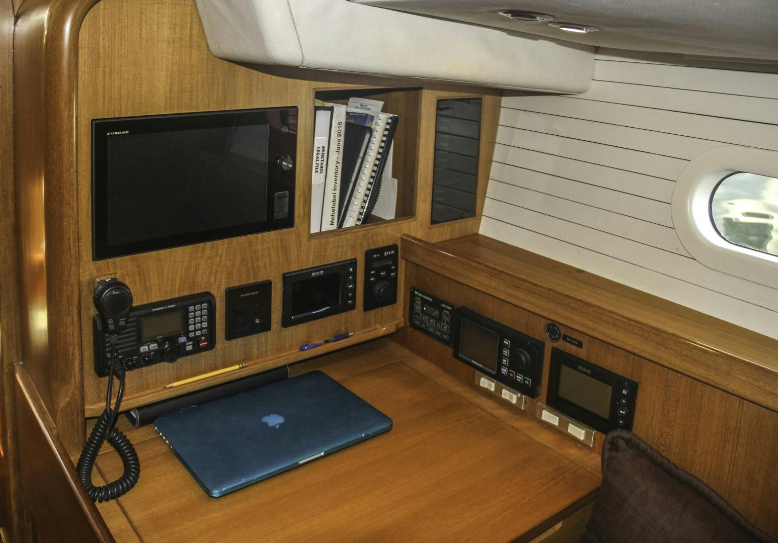 a room with a tv and several speakers aboard MEHETABEL Yacht for Sale