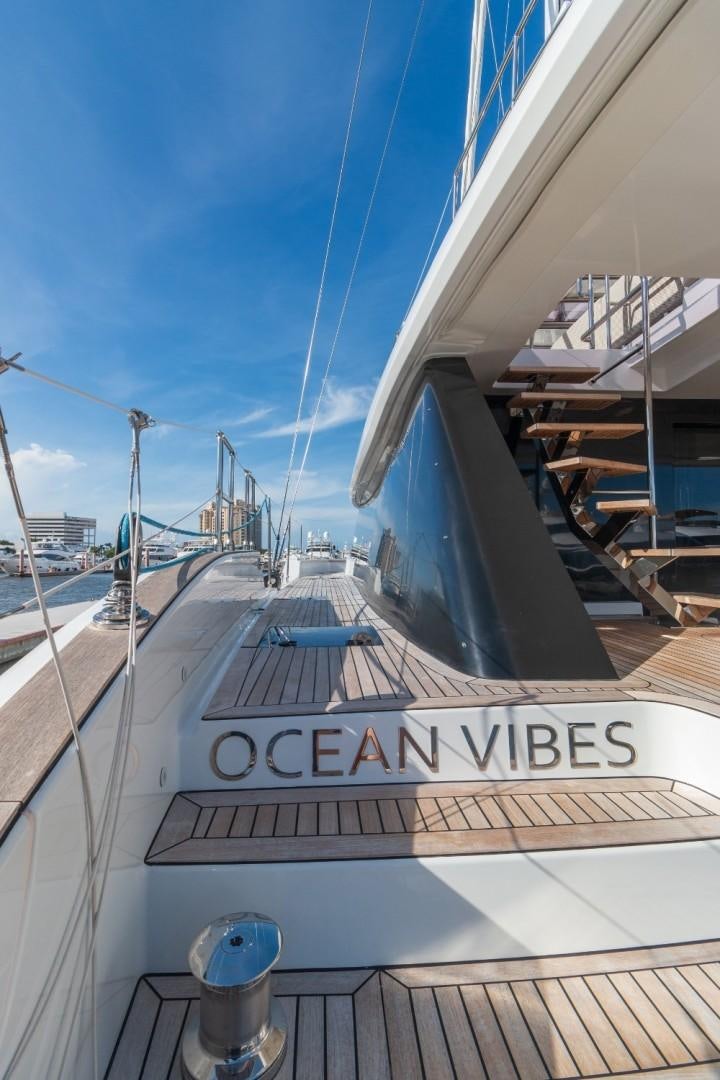a large white sign on a boat aboard OCEAN VIBES Yacht for Sale