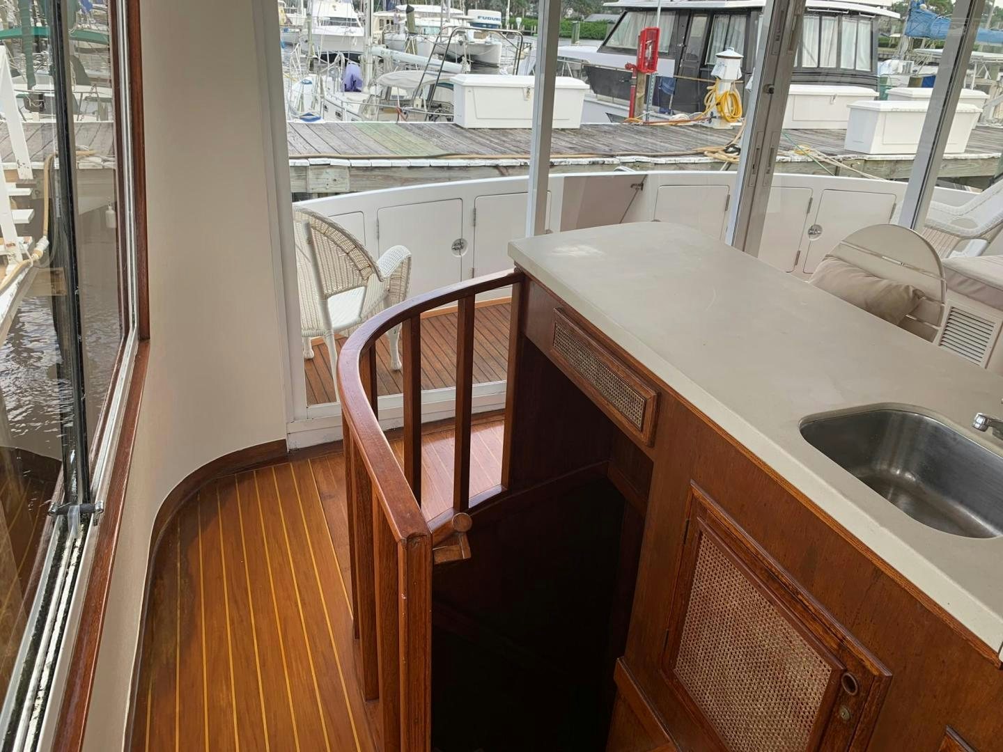 a kitchen with a sink and a window aboard No Name Yacht for Sale