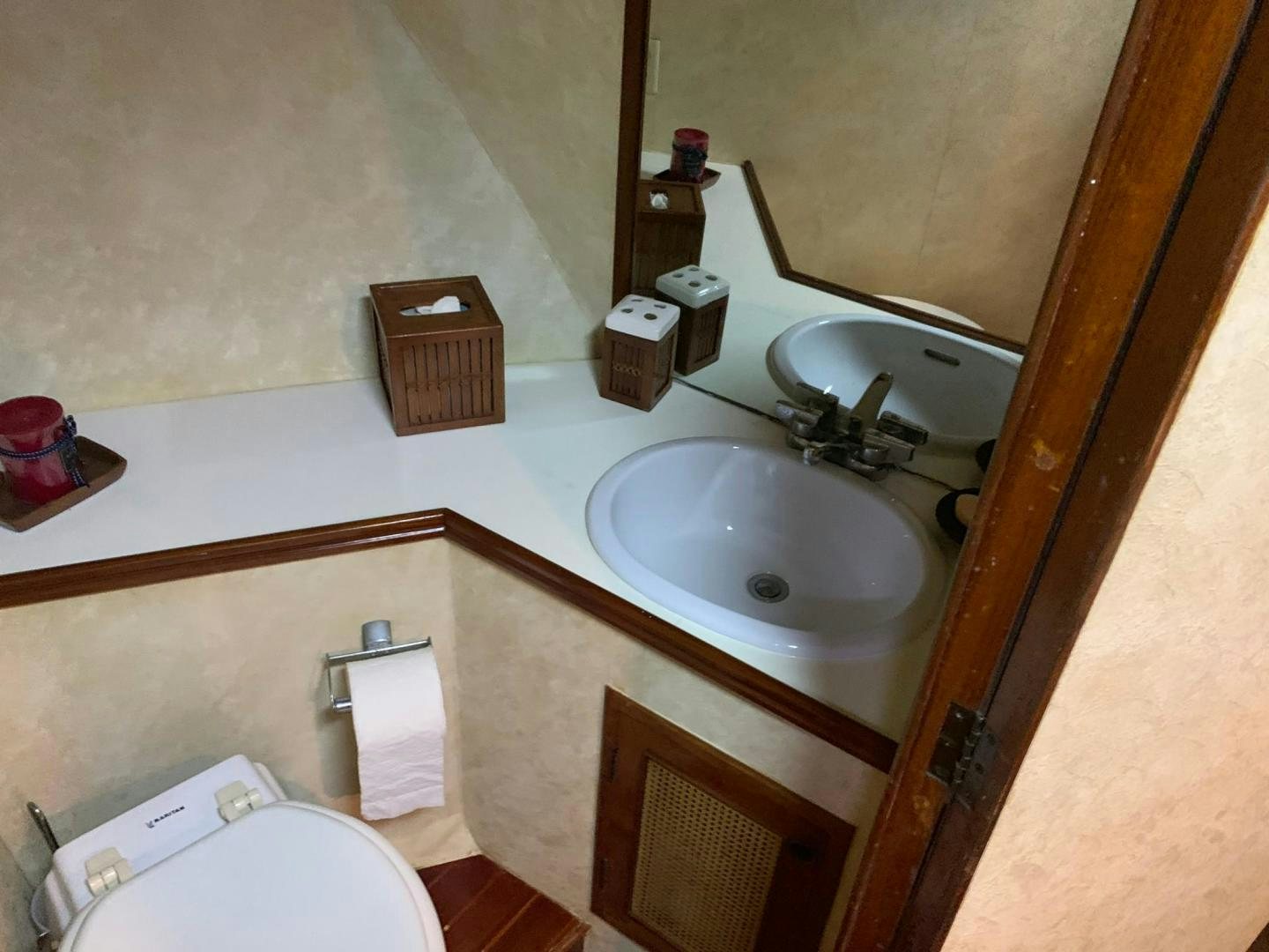 a bathroom with a sink and toilet aboard No Name Yacht for Sale