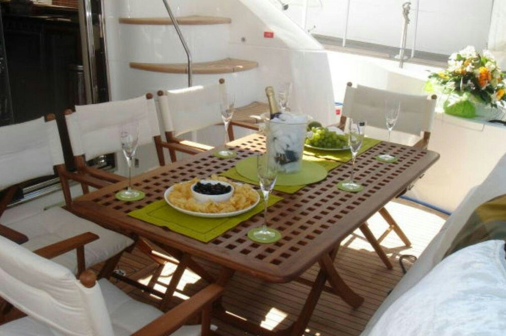 a table with plates and glasses aboard PURA VIDA Yacht for Sale