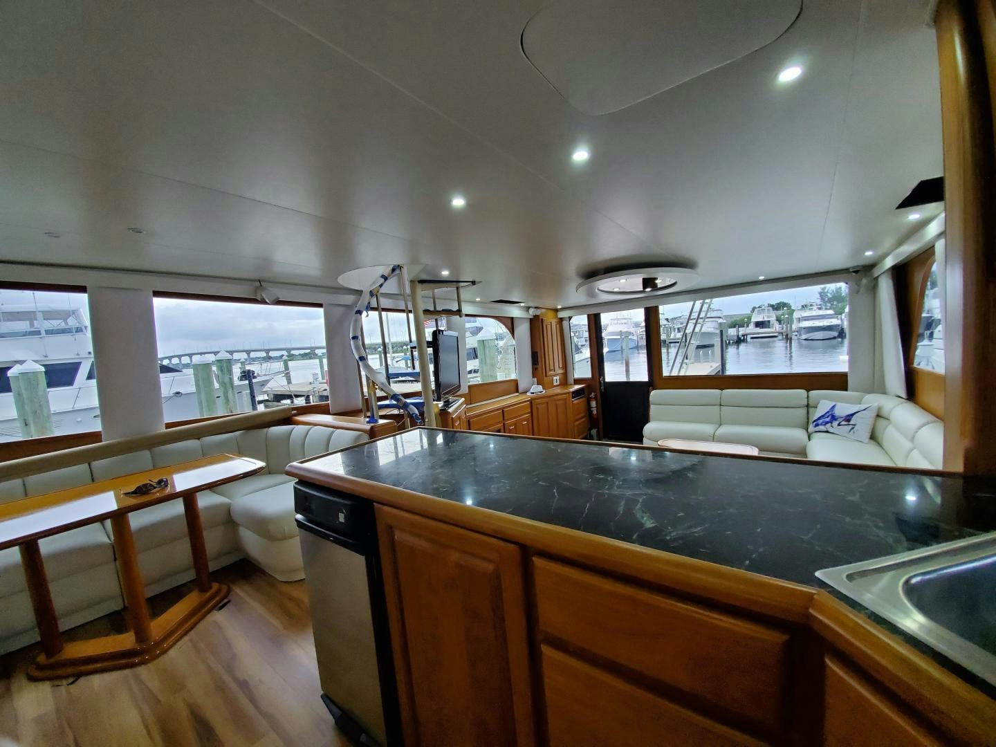 a kitchen with a large counter aboard No Name Yacht for Sale