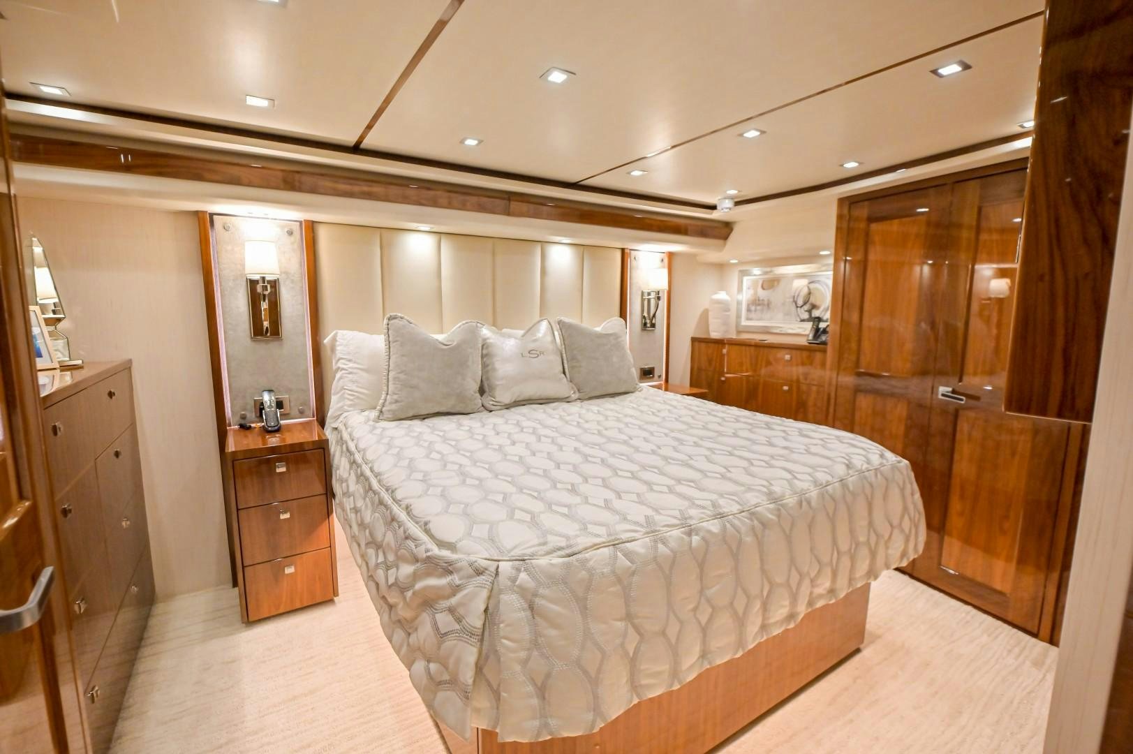 a large bed in a room aboard GOOSE Yacht for Sale
