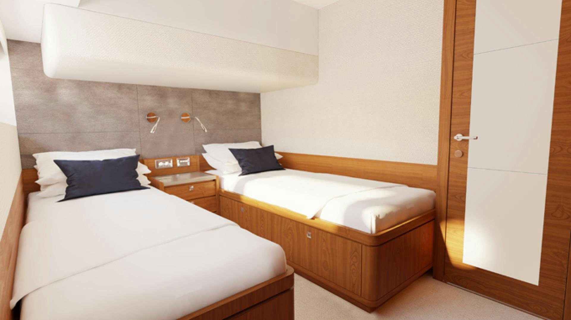 a room with two beds aboard JOHNSON 70' FLYBRIDGE M/Y Yacht for Sale