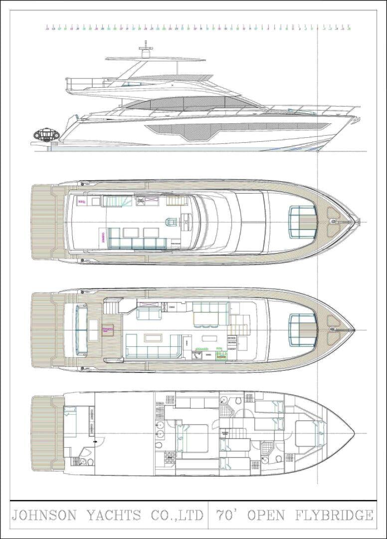 diagram, engineering drawing aboard JOHNSON 70' FLYBRIDGE M/Y Yacht for Sale