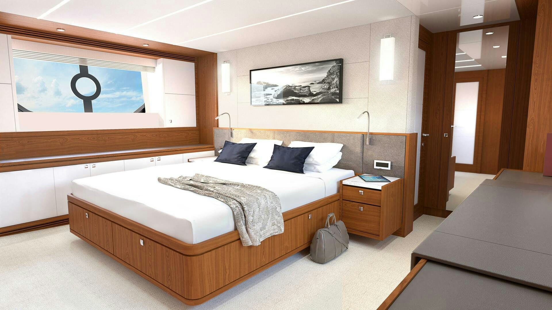a room with a bed and a desk aboard JOHNSON 70' FLYBRIDGE M/Y Yacht for Sale