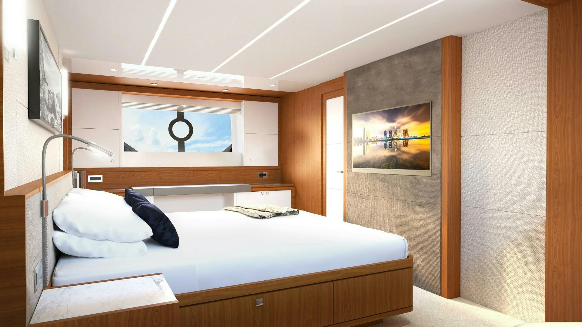 a room with a bed and a painting on the wall aboard JOHNSON 70' FLYBRIDGE M/Y Yacht for Sale