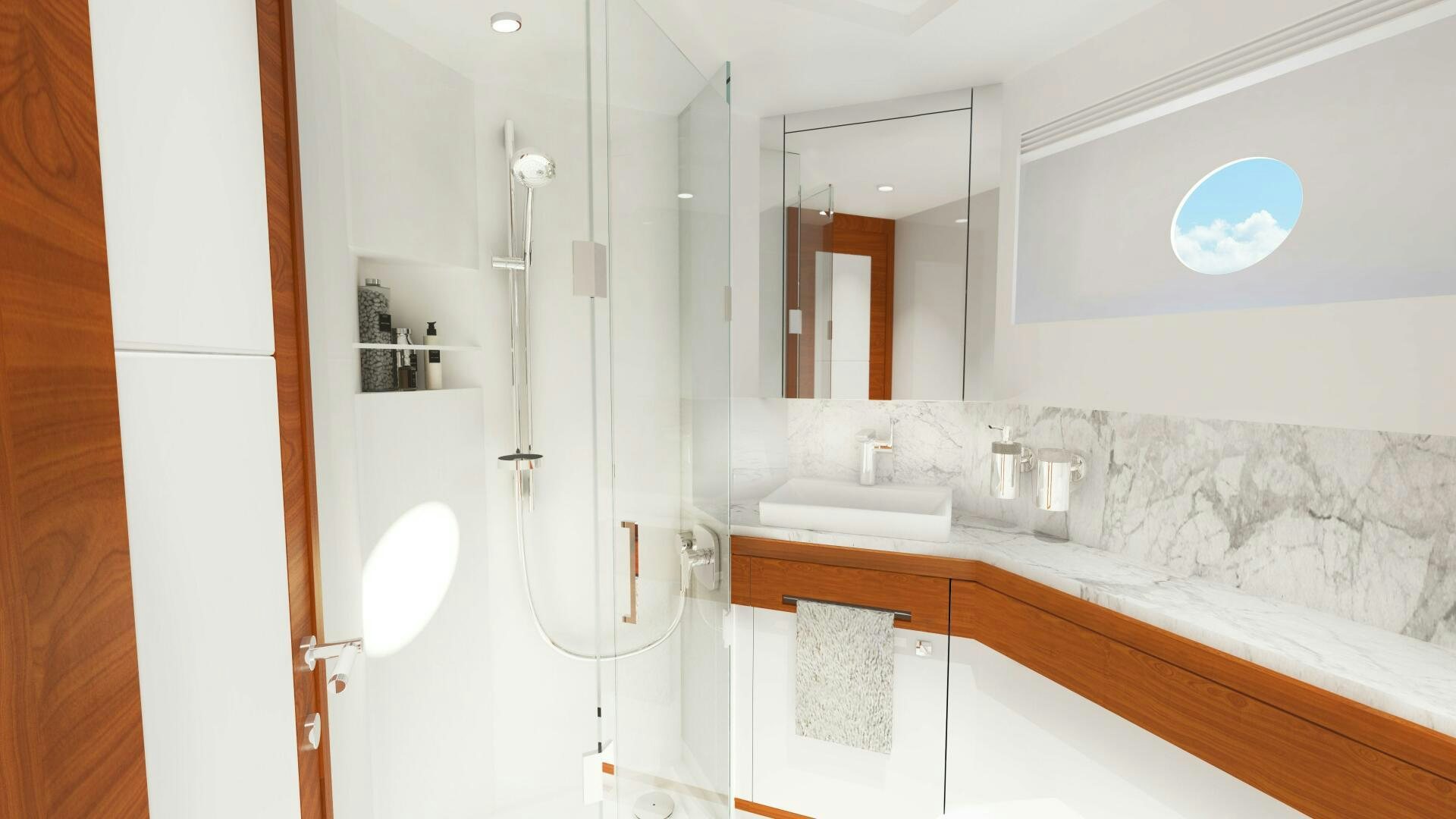 a bathroom with a large mirror aboard JOHNSON 70' FLYBRIDGE M/Y Yacht for Sale