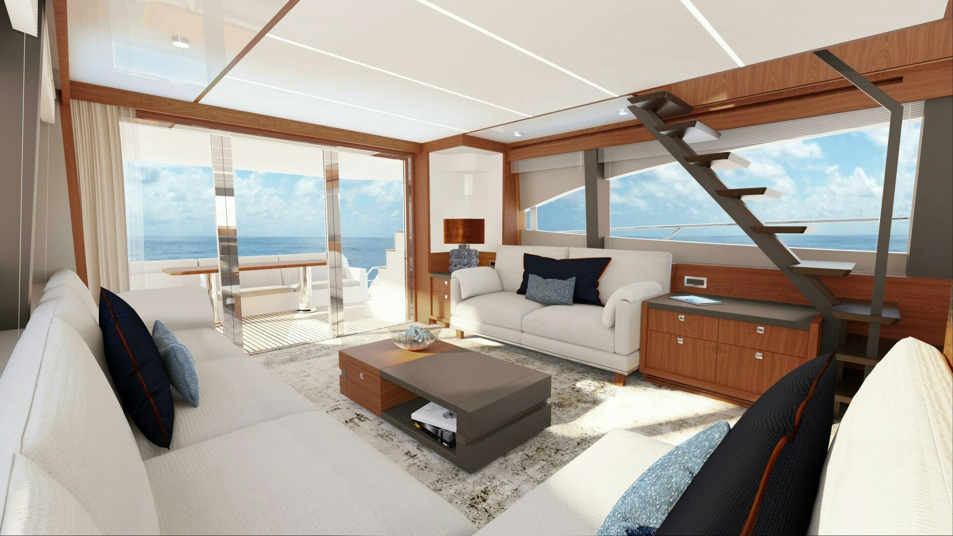 a room with a couch and a piano aboard JOHNSON 70 SKYLOUNGE NEW BUILD Yacht for Sale