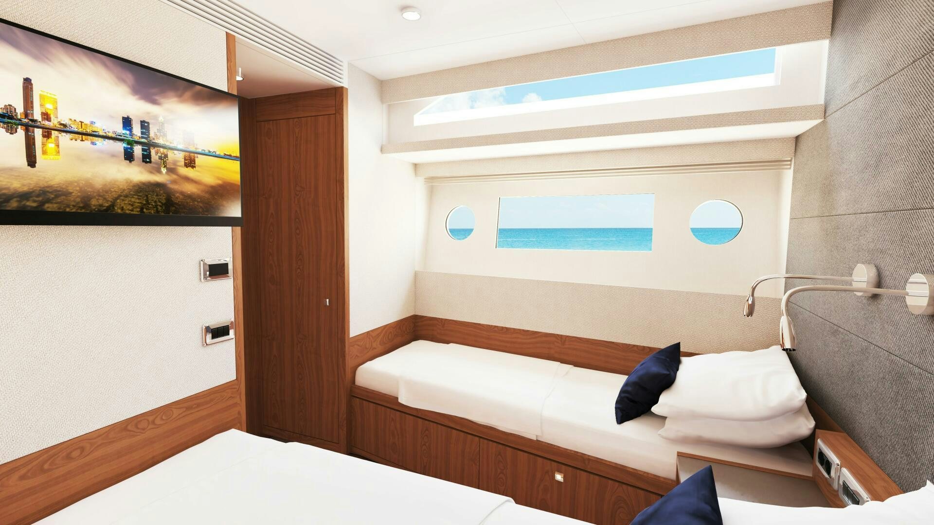 a room with a bed and a wall with a painting on it aboard JOHNSON 70 SKYLOUNGE NEW BUILD Yacht for Sale