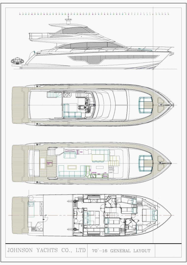 diagram, engineering drawing aboard JOHNSON 70' FLYBRIDGE M/Y Yacht for Sale