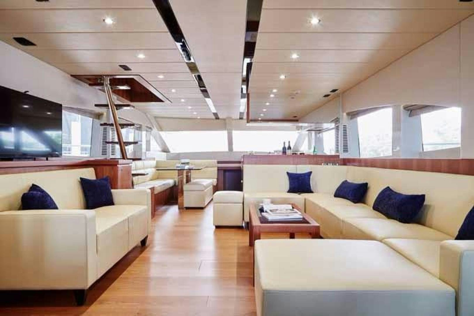a room with couches and a table aboard JOHNSON 70 SKYLOUNGE NEW BUILD Yacht for Sale